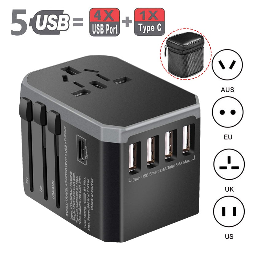 Universal Travel Power Adaptor With 4 USB Ports (EU/UK/AUS/US)